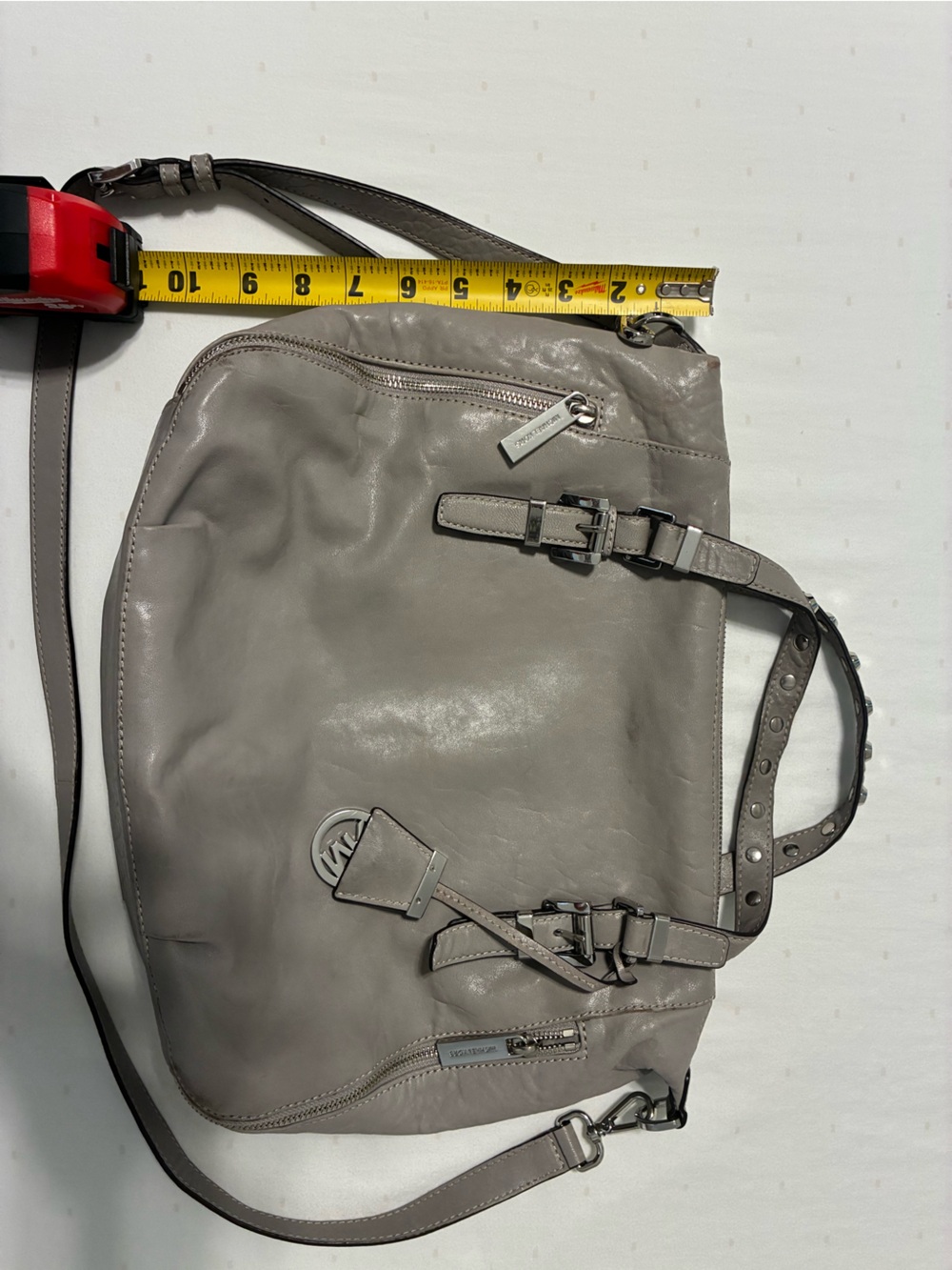 Gray Michael Kors Leather Satchel Tote with Buckle Details - Picture 6 of 7